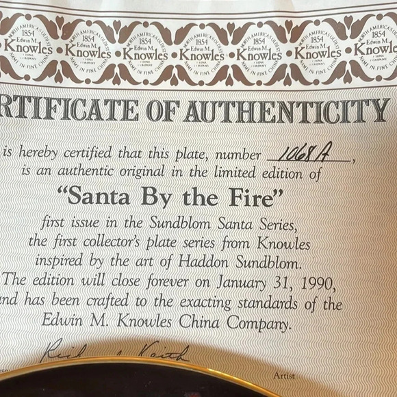 Santa By the Fire - Knowles Haddon Sundblom Series Collectors Plate COA EUC - Picture 3 of 3